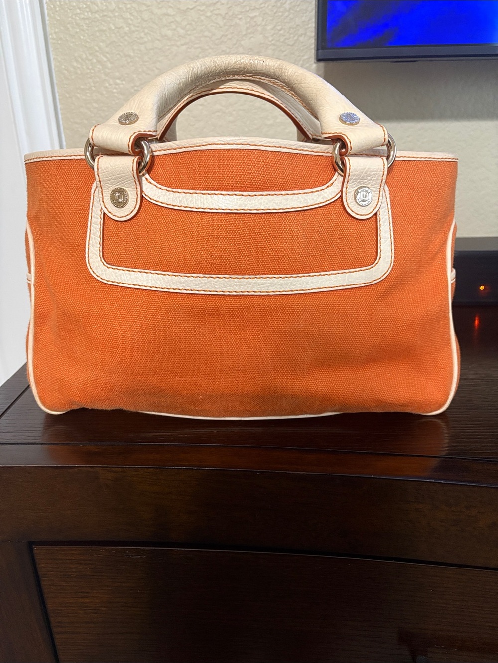 Celine Boogie Canvas Satchel - Orange & Cream Leather Trim with Tassels & Charm - Picture 6 of 16